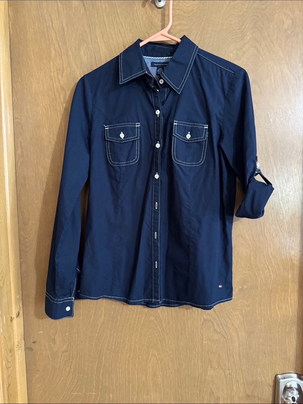 Tommy Hilfiger Navy Button-Down Shirt with White Contrast Stitching